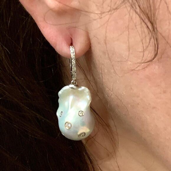 Diamond Fresh Water Pearl Earrings 14k Gold Large 13 mm Certified $4,950 915985